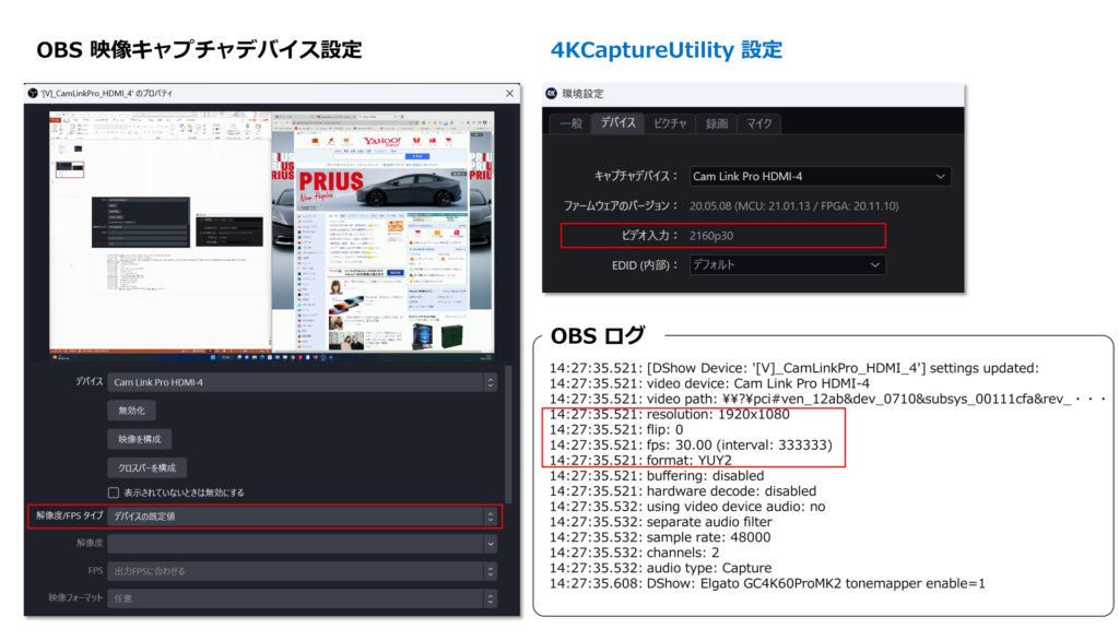 OBS 映像キャプチャデバイス、4KCaptureUtility 設定