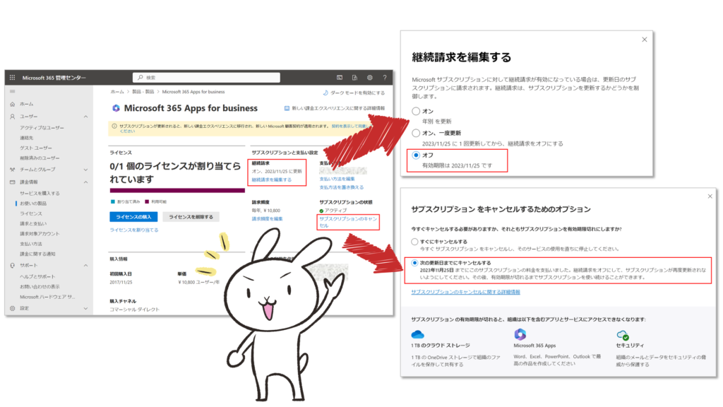 現在の契約 Microsoft 365 Apps for Business 、Office 365 E1 をそれぞれ解約