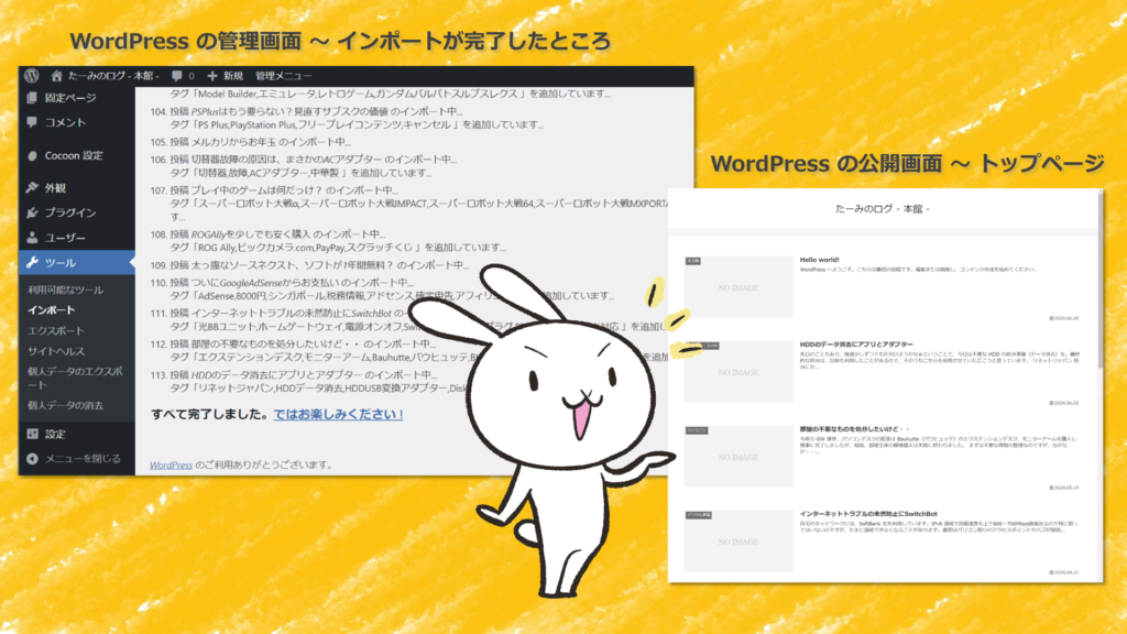 WordPressの管理画面 ～ インポートが完了したところ