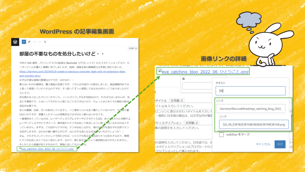 WordPressの記事編集画面と画像リンクの詳細