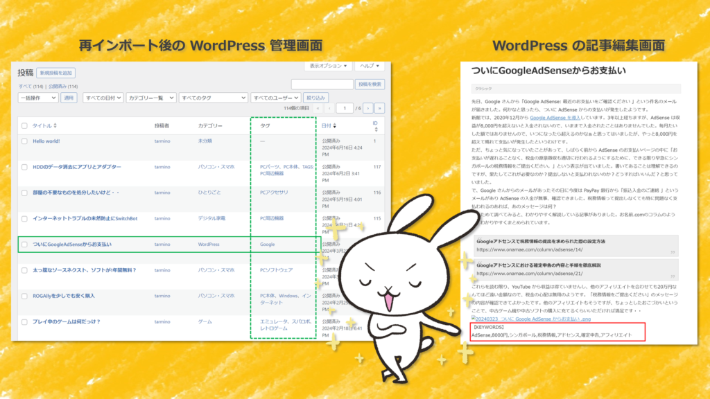 再インポート後のWordPress管理画面と記事編集画面