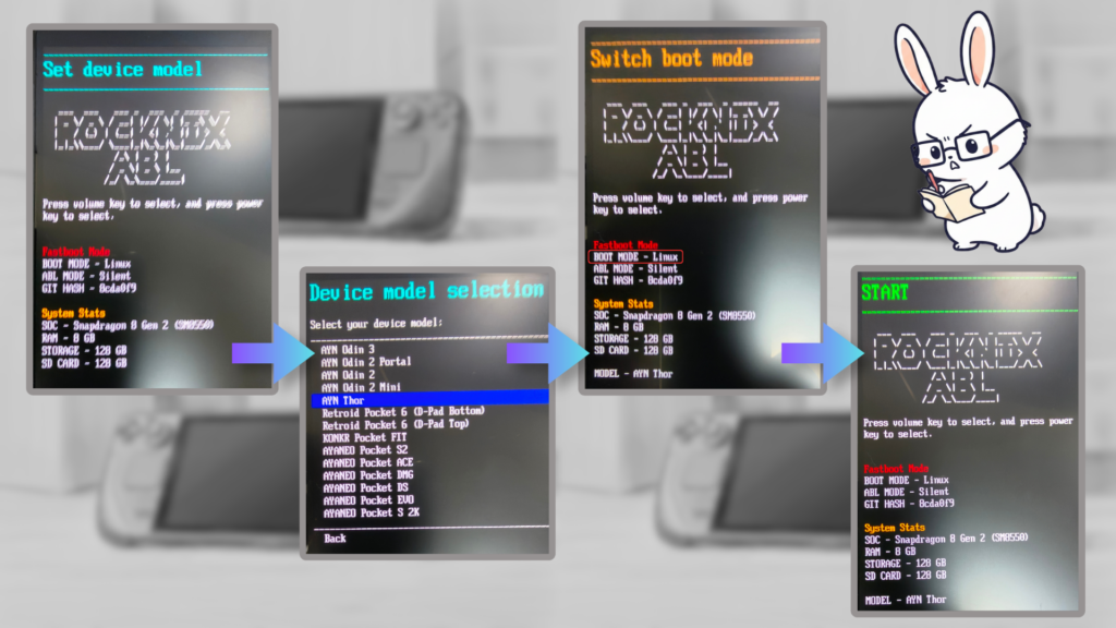AYN ThorのABLメニューでDevice Model設定とBoot ModeをLinuxに変更する手順