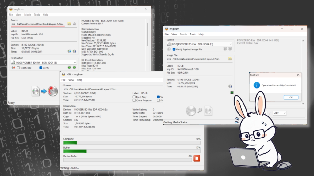Blu-ray ライターで、ISO ファイルを書き込み